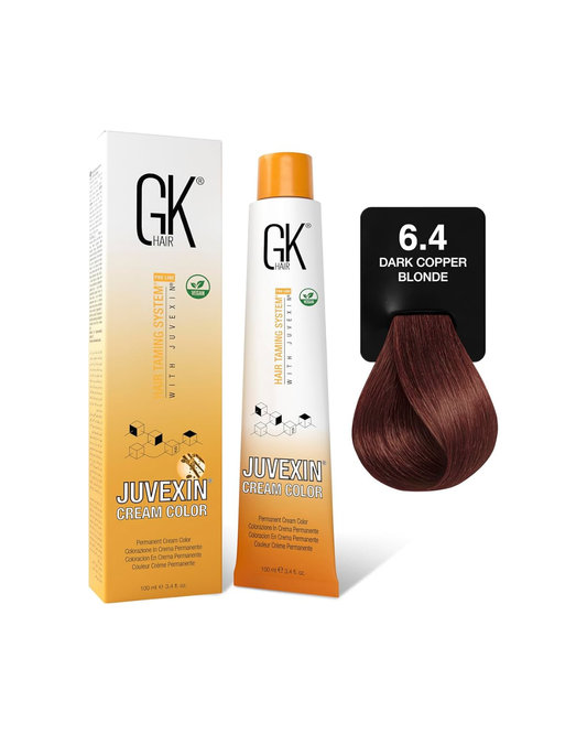 GK Hair Juvexin hair color product with packaging and a sample swatch on a white background