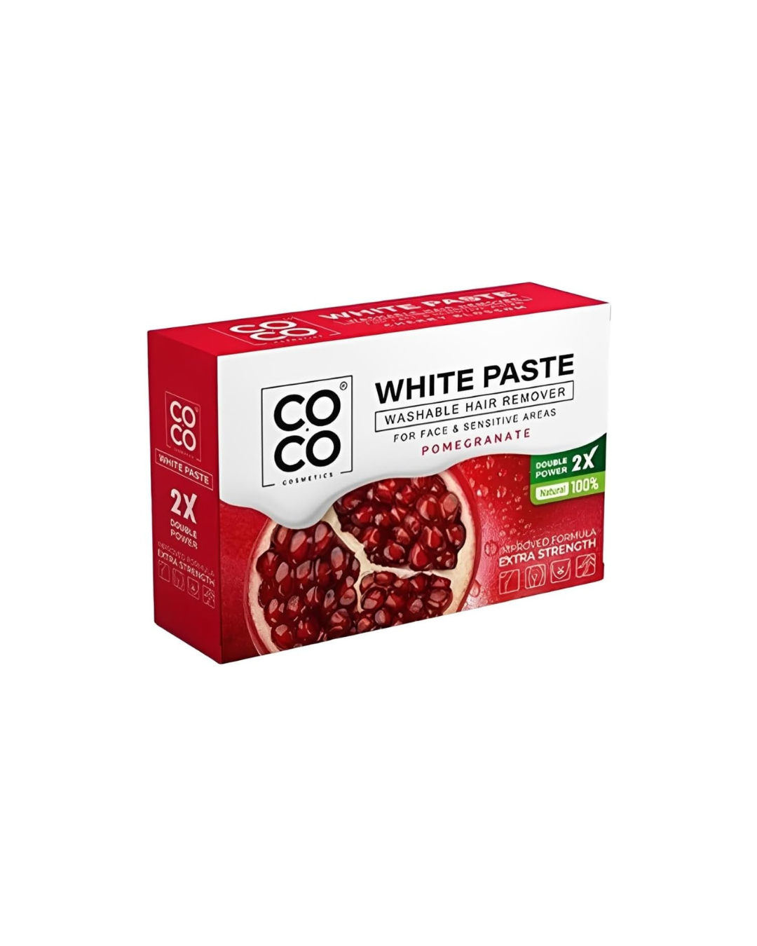 Box of COCO White Paste hair remover packaging with pomegranate illustration on a white background