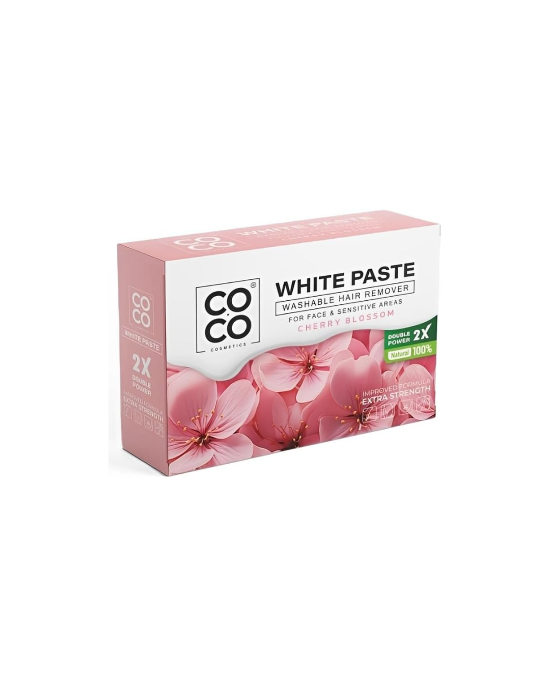 Box of COCO White Paste hair remover with pink floral design on a white background