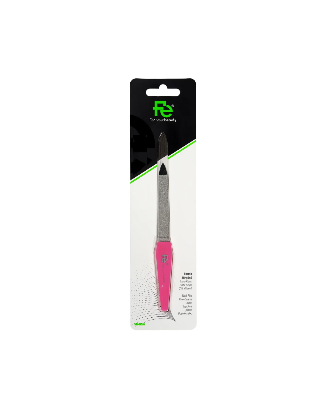 Fe Nail File with pink handle on a white background