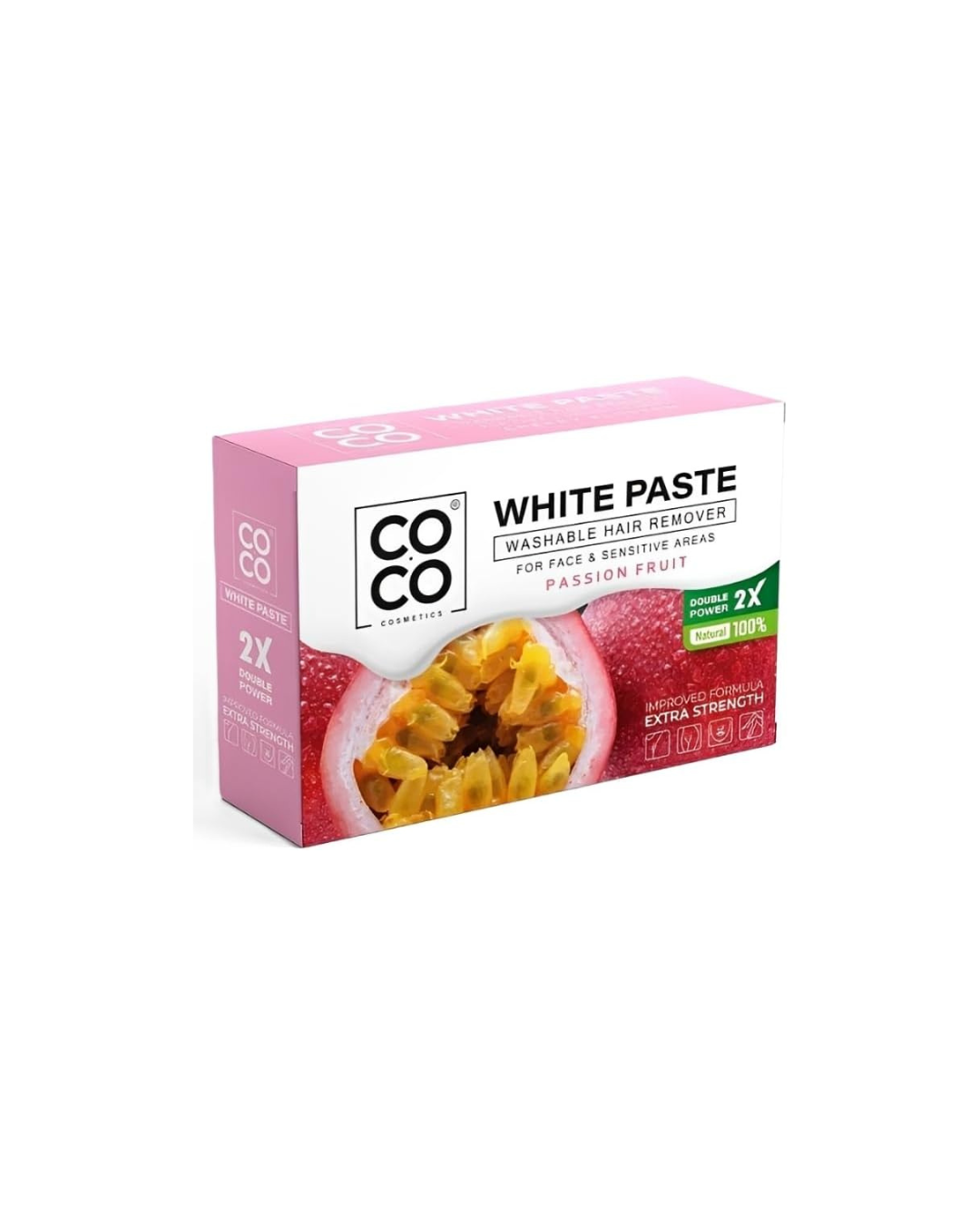 Box of COCO White Paste packaging with passion fruit on a white background