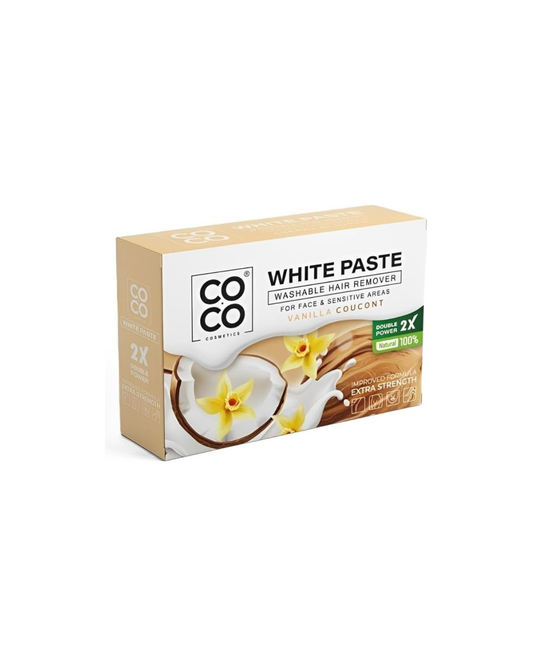 Box of COCO White Paste washable hair remover with coconut and vanilla design on a white background