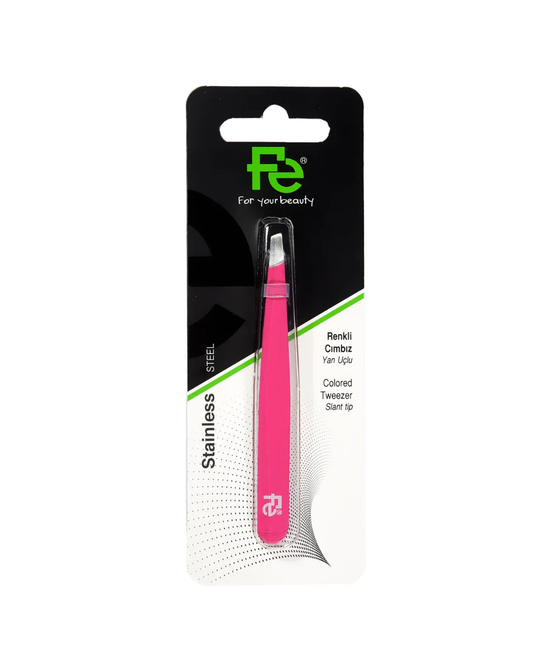 Pink colored tweezers in packaging with 'fe' brand on a white background