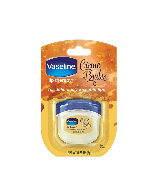 Vaseline lip balm packaging with 'Creme Brèlee' flavor on a white background