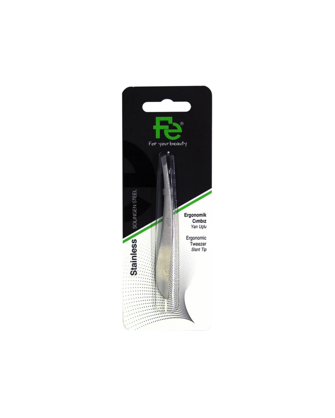 Packaged stainless steel tool with Fe branding on a white background