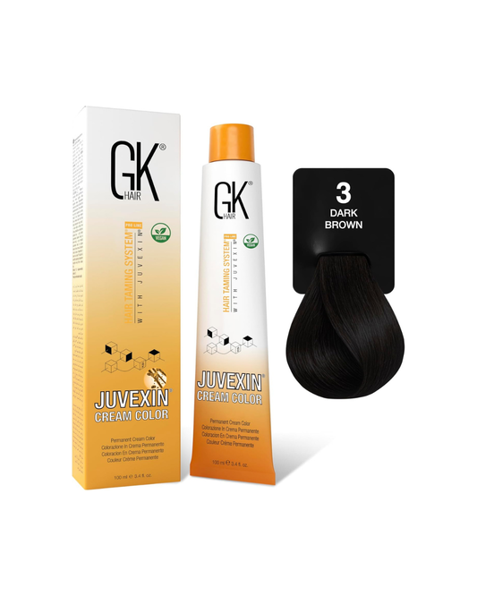 GK Hair Juvenex hair color product with packaging and a sample of dark brown hair color on a white background.