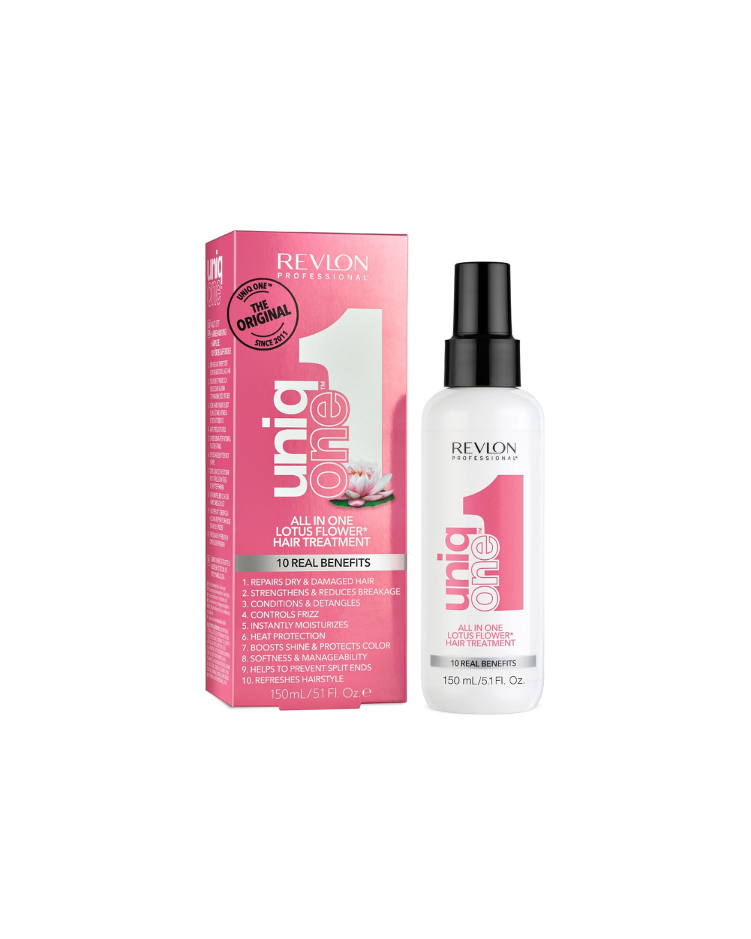 Revlon Uniq One hair care product and packaging on a white background