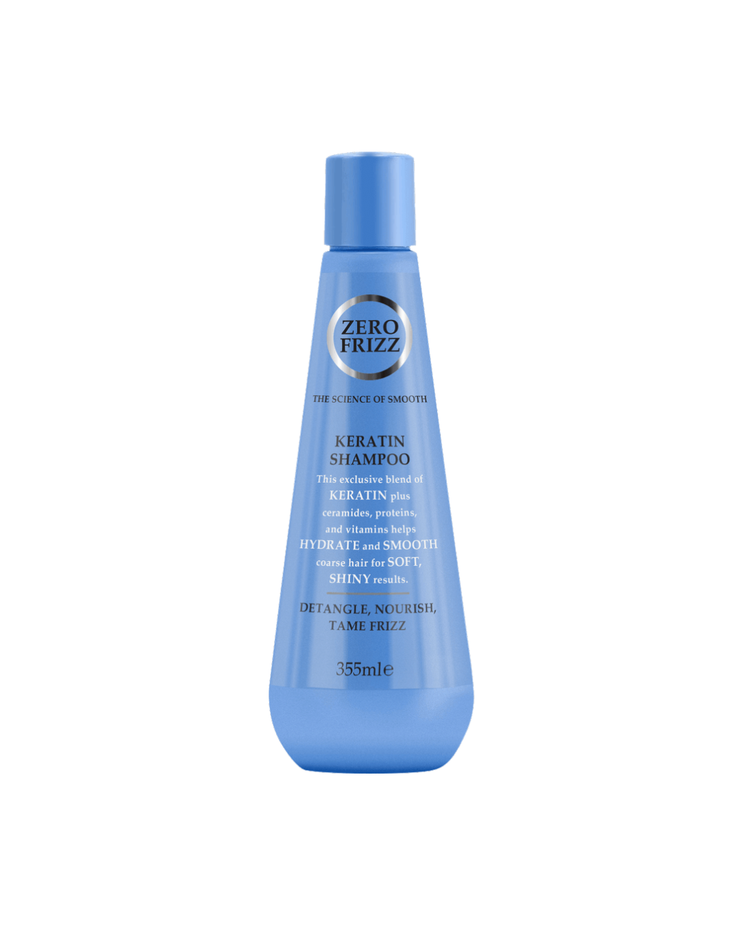 Blue shampoo bottle labeled 'Zero Frizz' on a white background