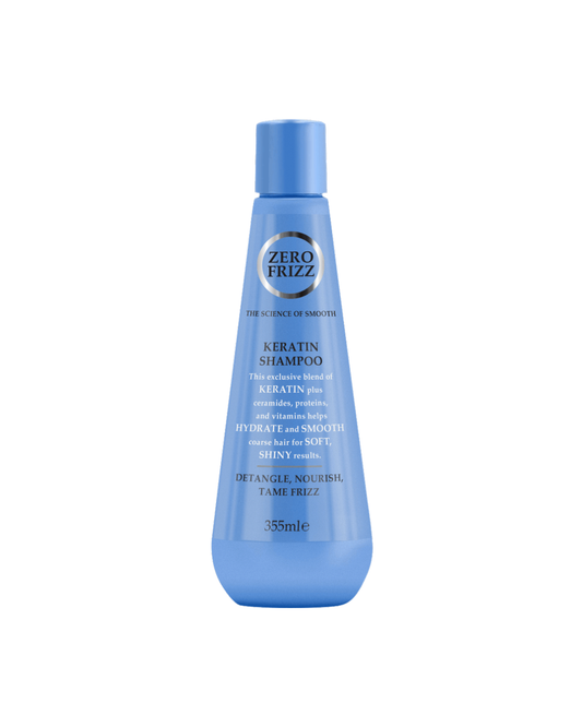 Blue shampoo bottle labeled 'Zero Frizz' on a white background