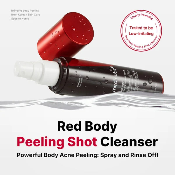 Red and black body peeling shot cleanser with text on a white background