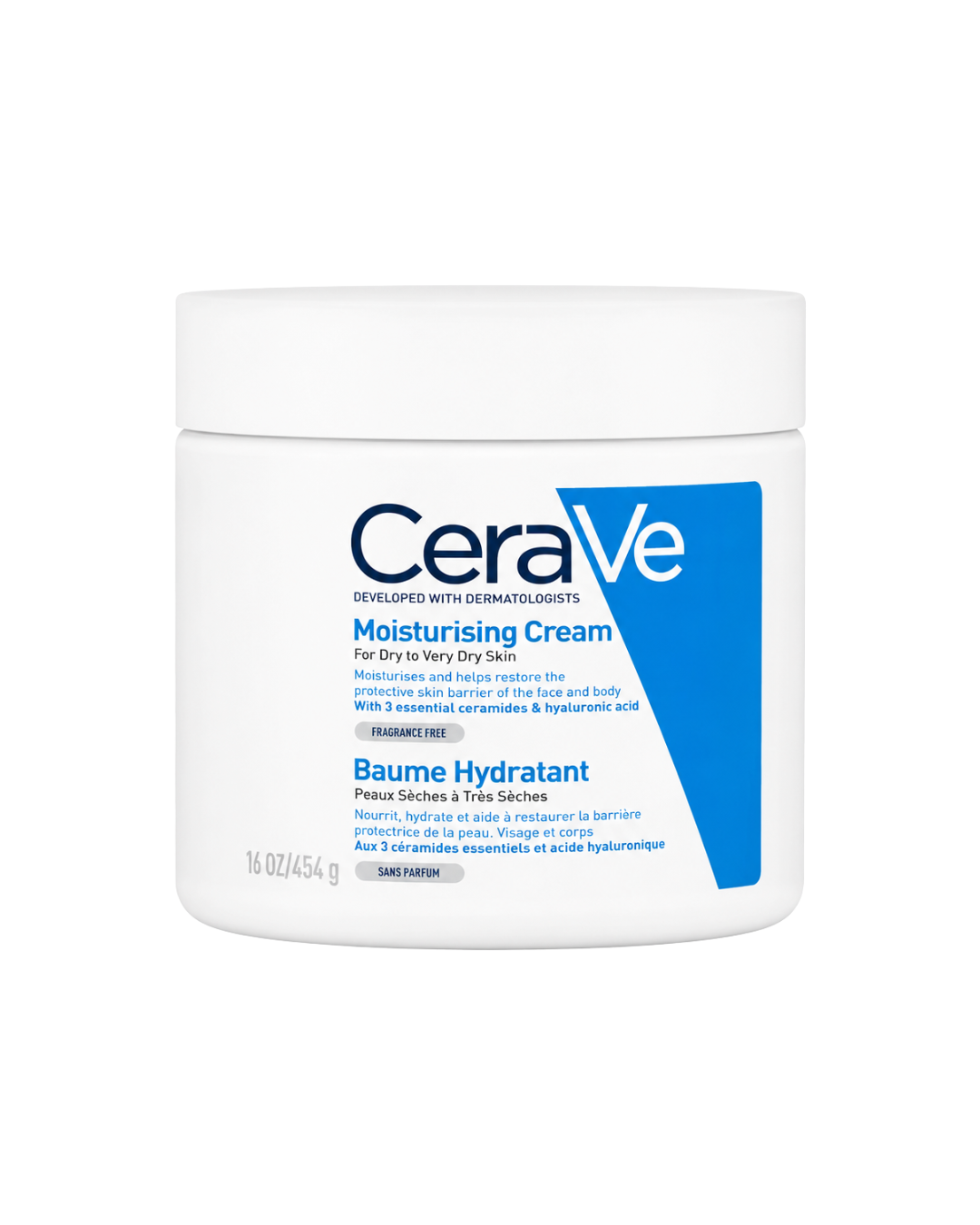 A white plastic jar of CeraVe Moisturising Cream with a white lid, featuring a blue and white label on a clean white background.