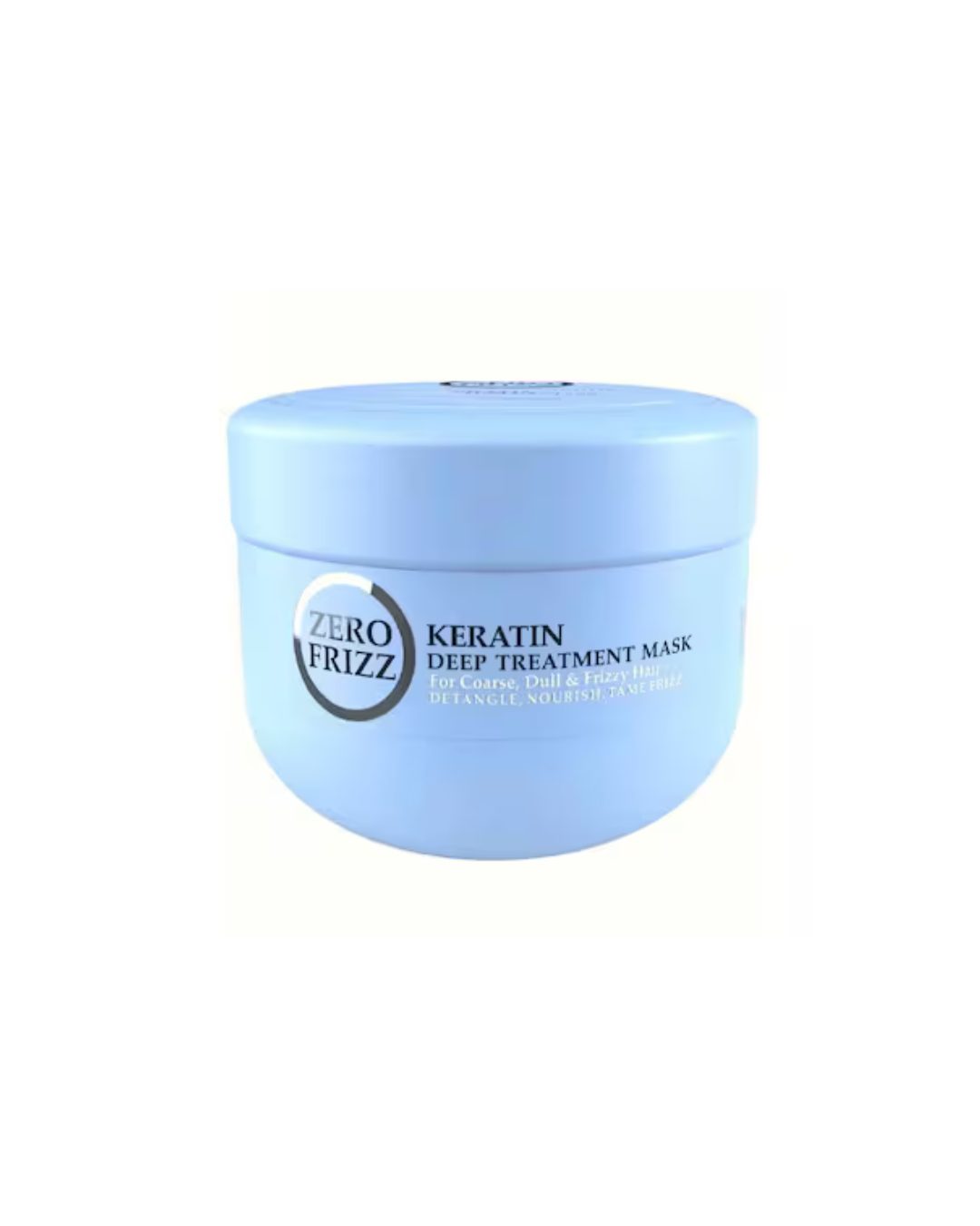 Blue jar of Zero Frizz Keratin Deep Treatment Mask on a white background