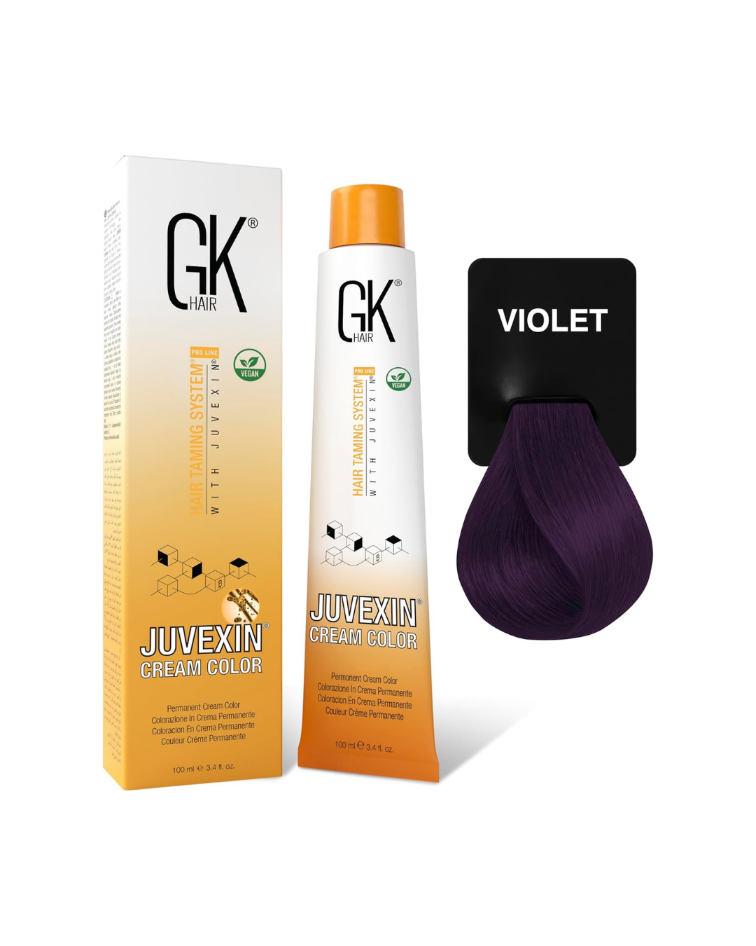 GK Hair Juvexin Cream Color with packaging and a sample of violet color on a white background