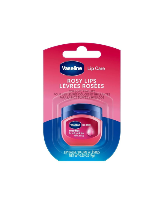 Vaseline lip balm packaging with pink and blue design on a white background