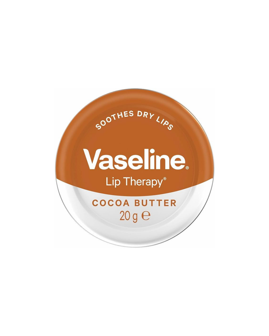 Vaseline lip therapy container with cocoa butter on a white background