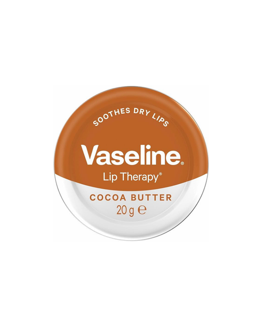 Vaseline lip therapy container with cocoa butter on a white background