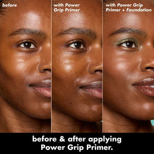 Before and after comparison of a woman's face with Power Grip Primer application.