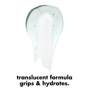 Translucent skincare product with text 'translucent formula grips & hydrates.' on a white background