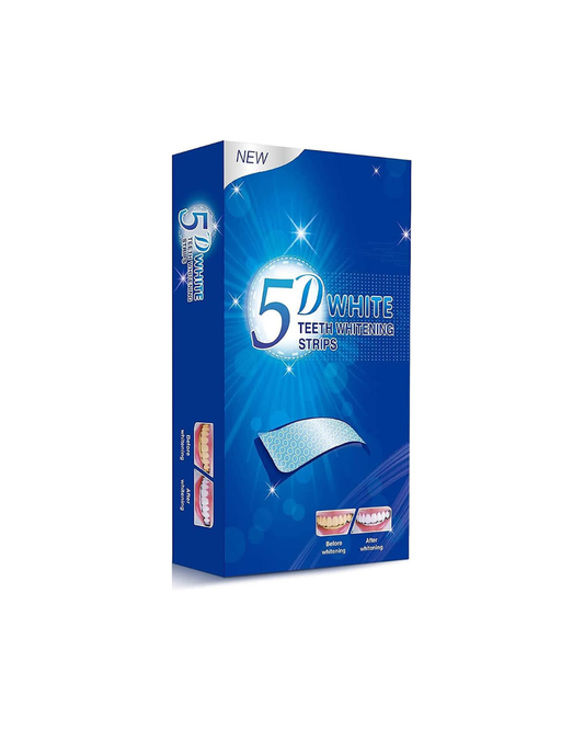 Box of 5D White teeth whitening strips on a white background