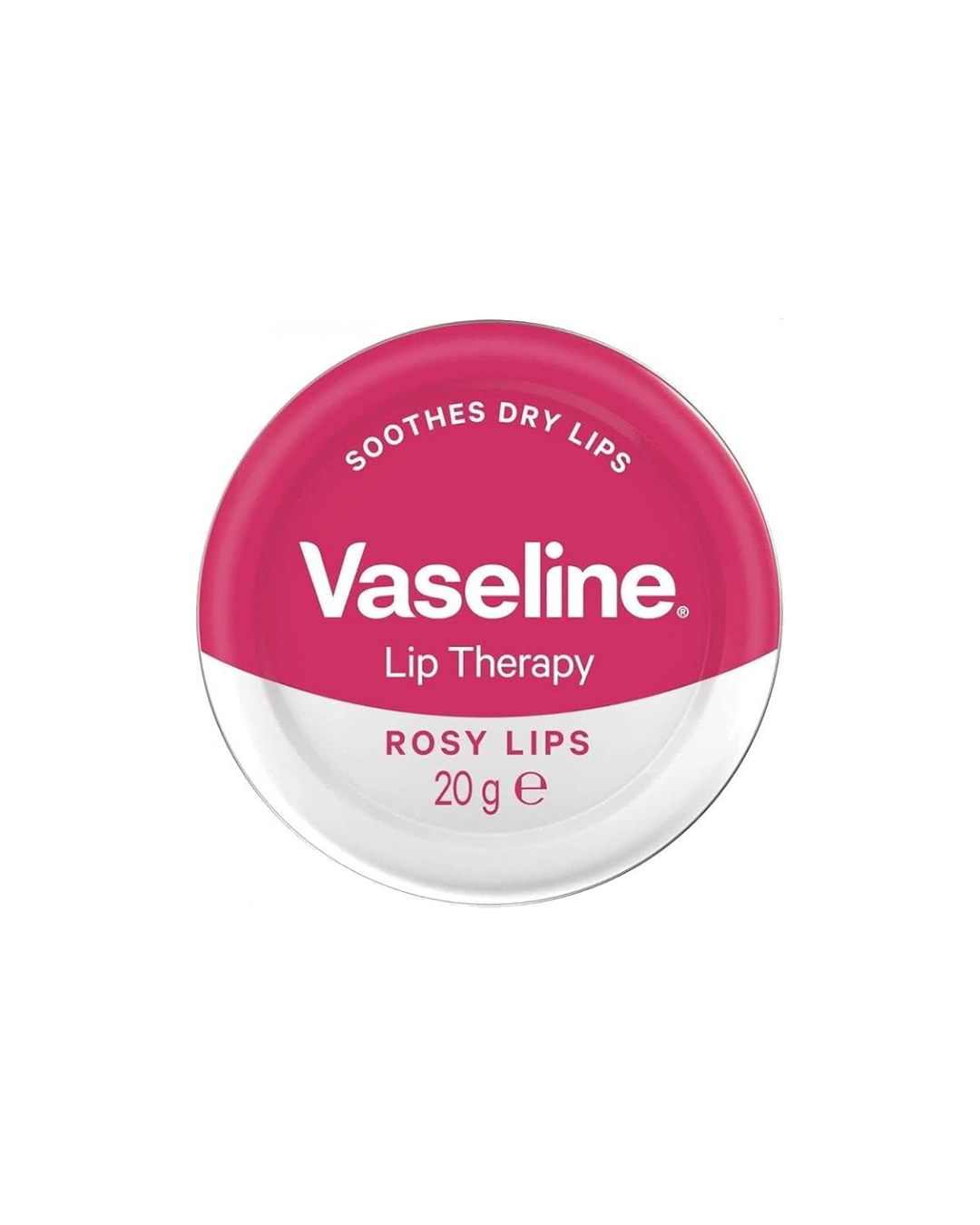 Vaseline lip therapy container with pink lid on a white background