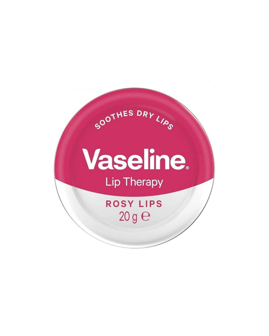 Vaseline lip therapy container with pink lid on a white background