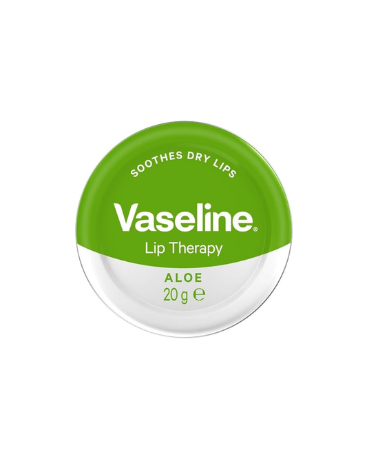 Vaseline lip therapy container with green lid on a white background