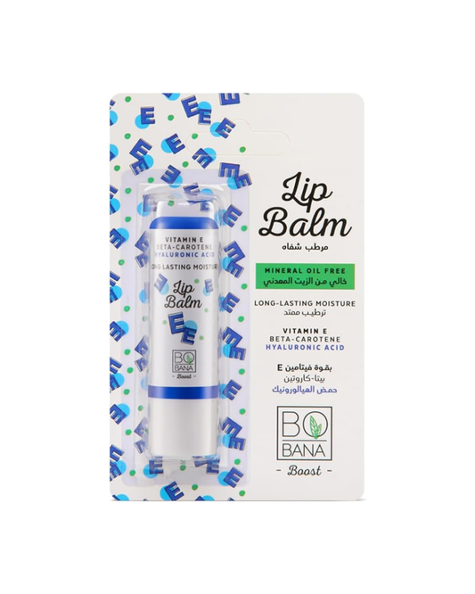 Bobana Lip balm packaging with blue and green design on a white background