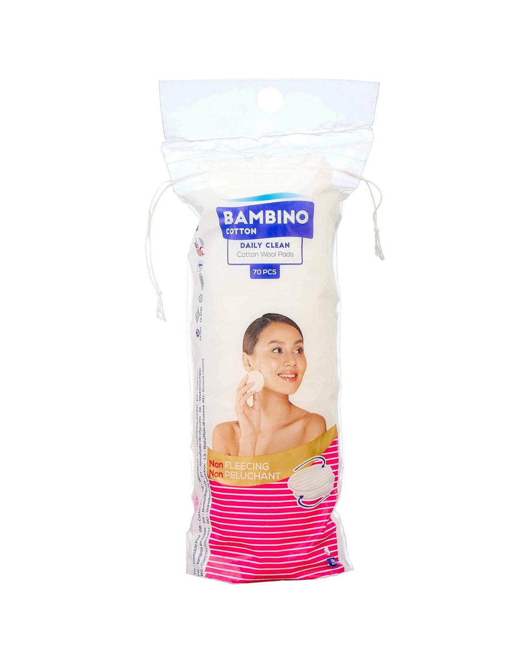 Packaged cotton pads with a woman's face on the packaging, featuring the brand 'Bambino'.