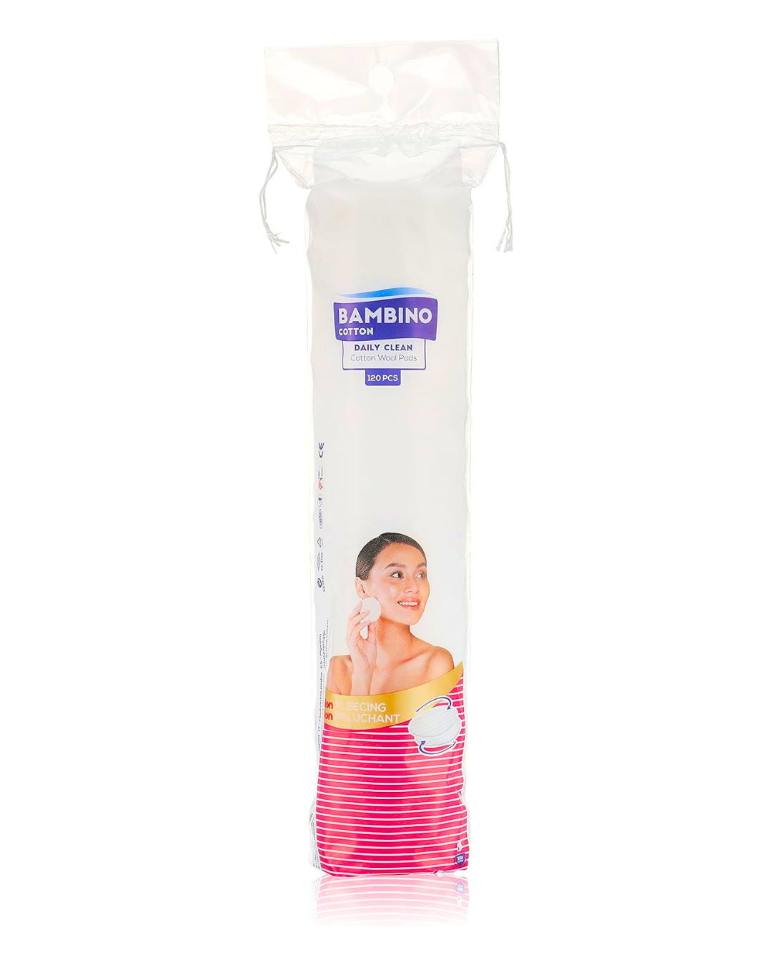 Packaged cotton pads with a woman's face on the packaging, featuring the brand 'Bambino'.