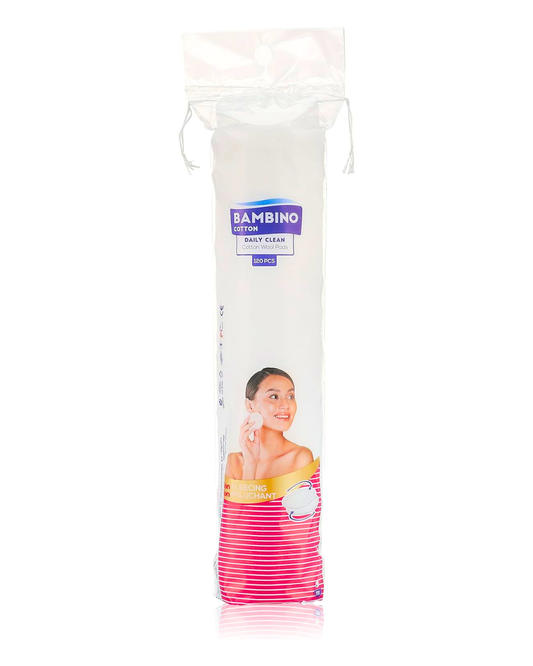 Packaged cotton pads with a woman's face on the packaging, featuring the brand 'Bambino'.