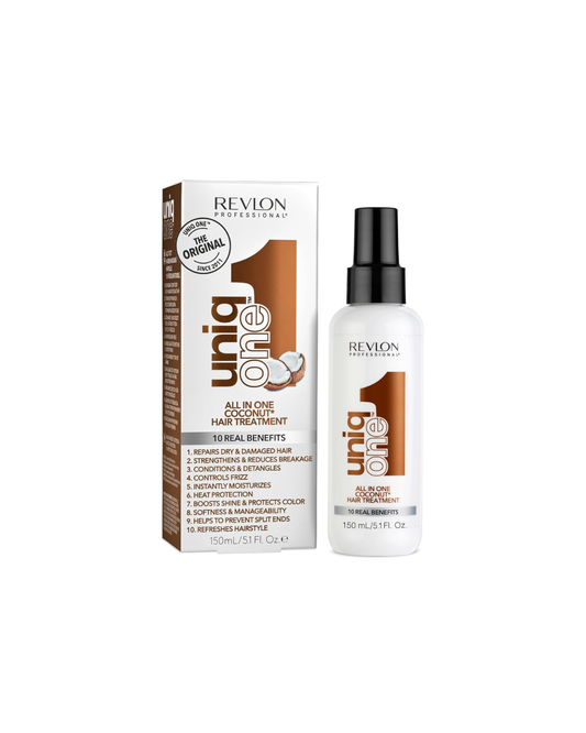 Revlon Uniq One hair treatment bottle and packaging on a white background