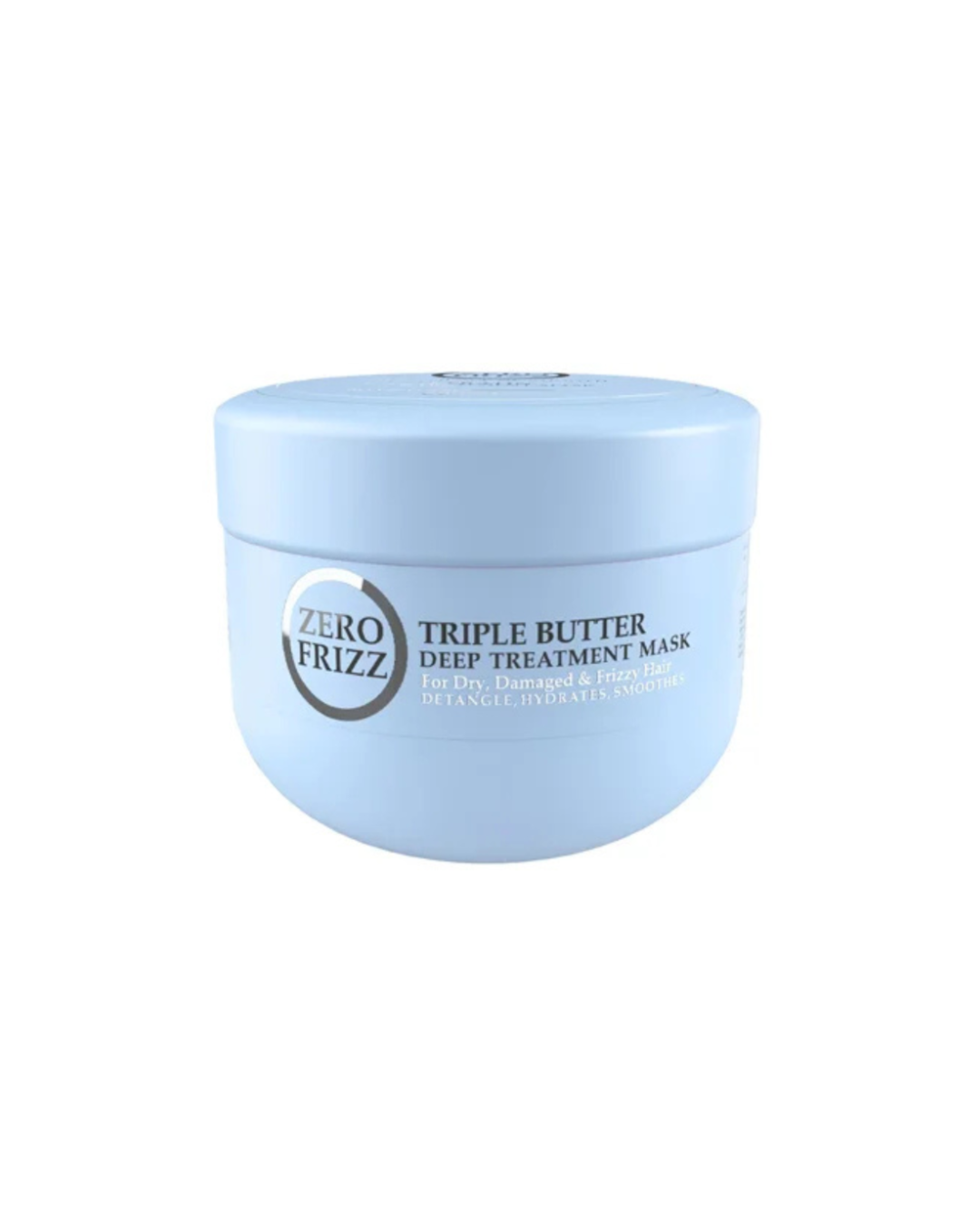 Blue jar of Zero Frizz Triple Butter Deep Treatment Mask on a white background