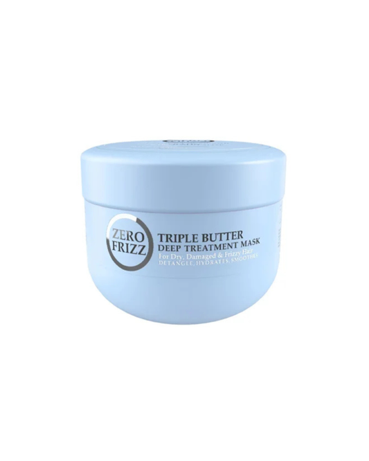 Blue jar of Zero Frizz Triple Butter Deep Treatment Mask on a white background