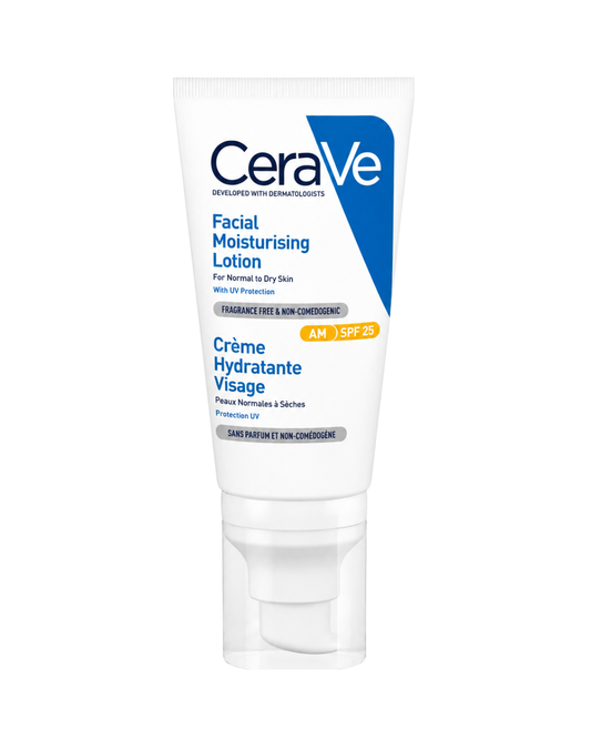 CeraVe Facial Moisturising Lotion in a white squeeze tube with blue and orange text, shown on a plain white background.