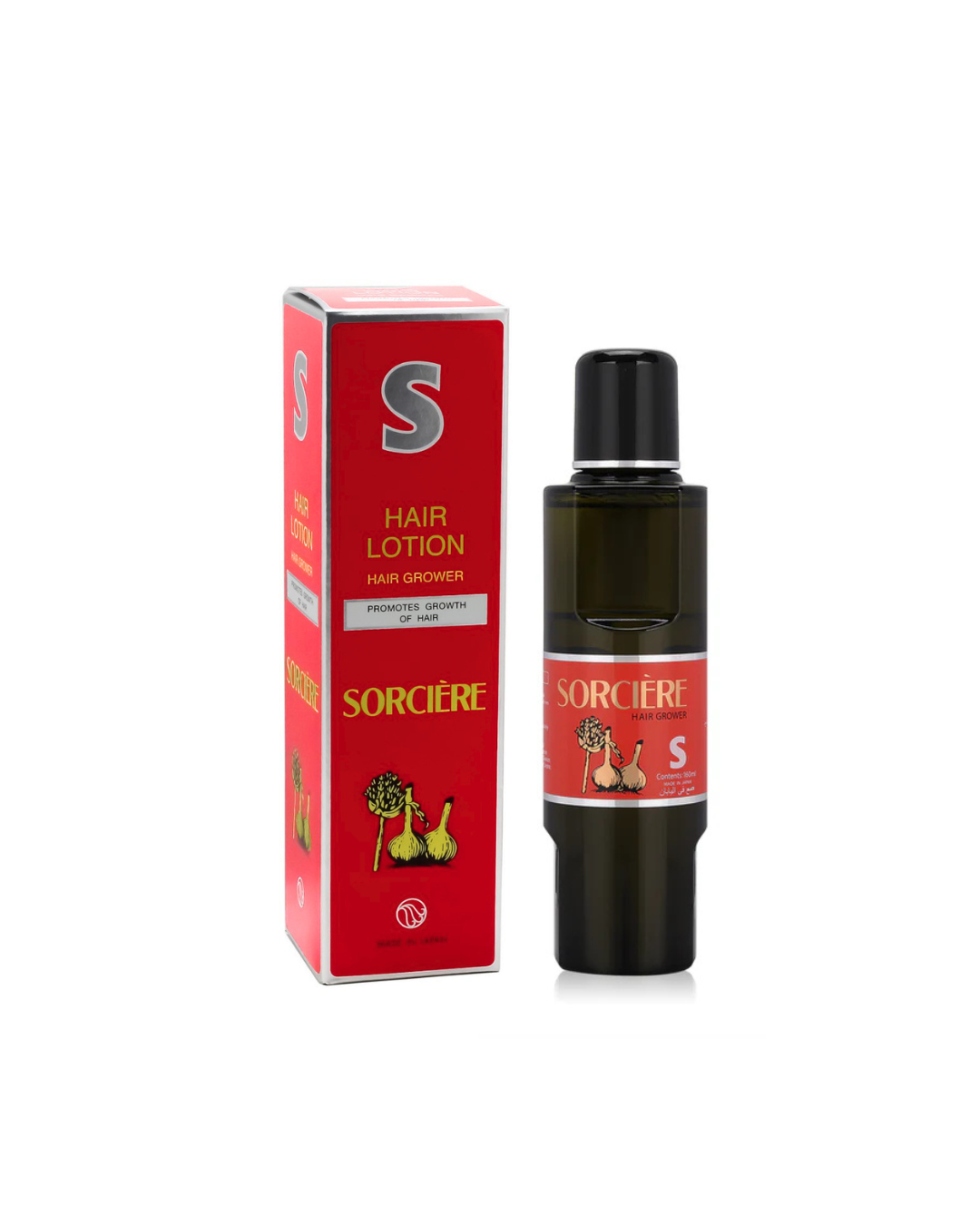 Sorcière hair lotion bottle and packaging on a white background