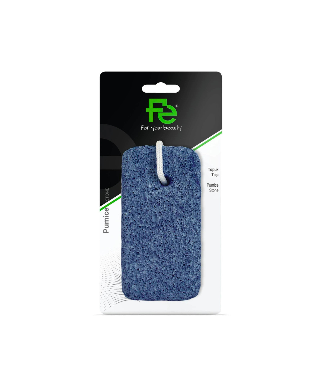 Blue pumice stone on packaging with a visible brand logo.