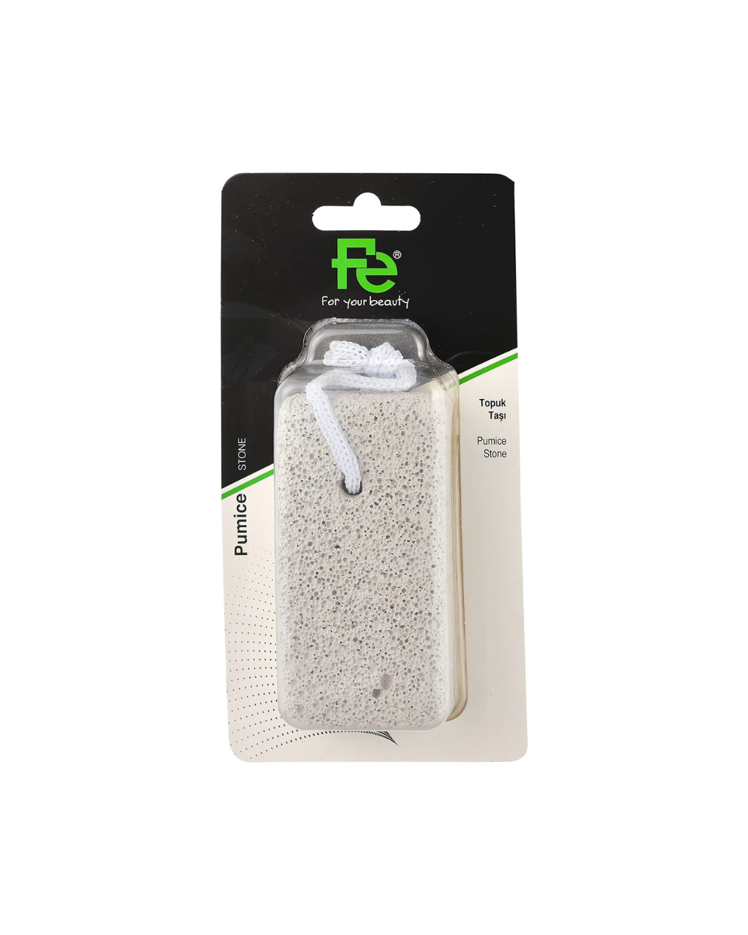 Grey pumice stone on packaging with a visible brand logo.