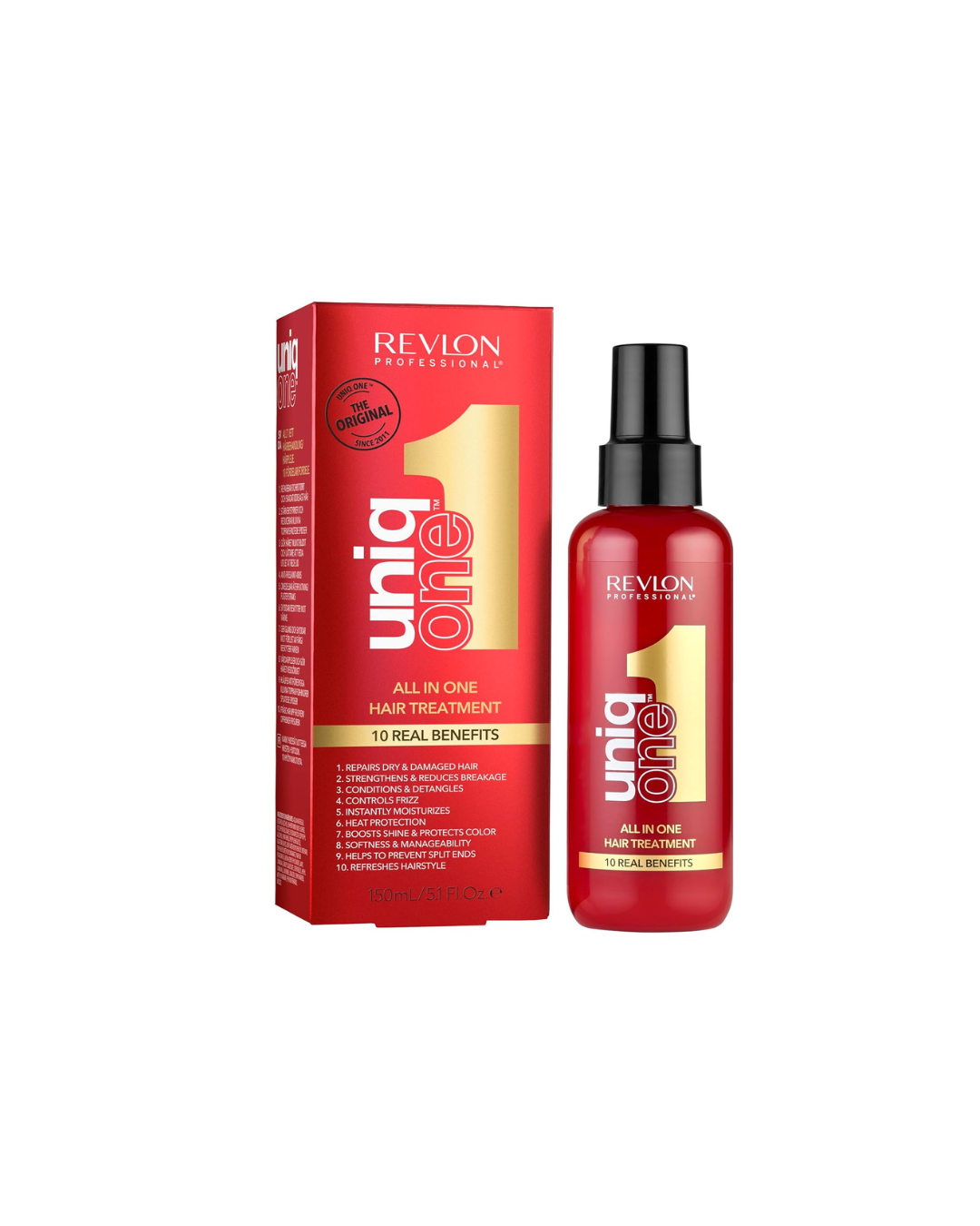Revlon Uniq One hair treatment packaging and bottle on a white background
