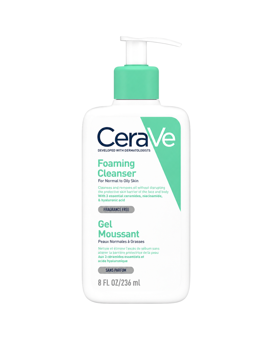 CeraVe Foaming Cleanser in a 8 fl oz pump bottle, featuring a white bottle with a mint green pump and a matching green graphic accent on the label.