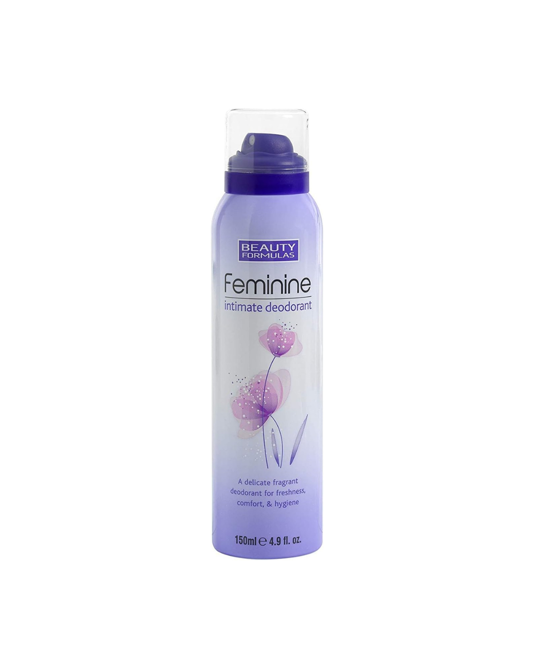 Feminine deodorant spray bottle with purple and white design on a white background