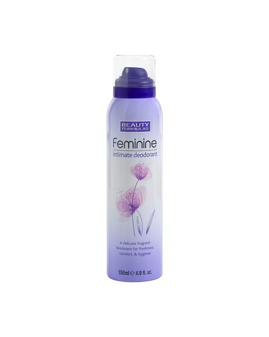 Feminine deodorant spray bottle with purple and white design on a white background