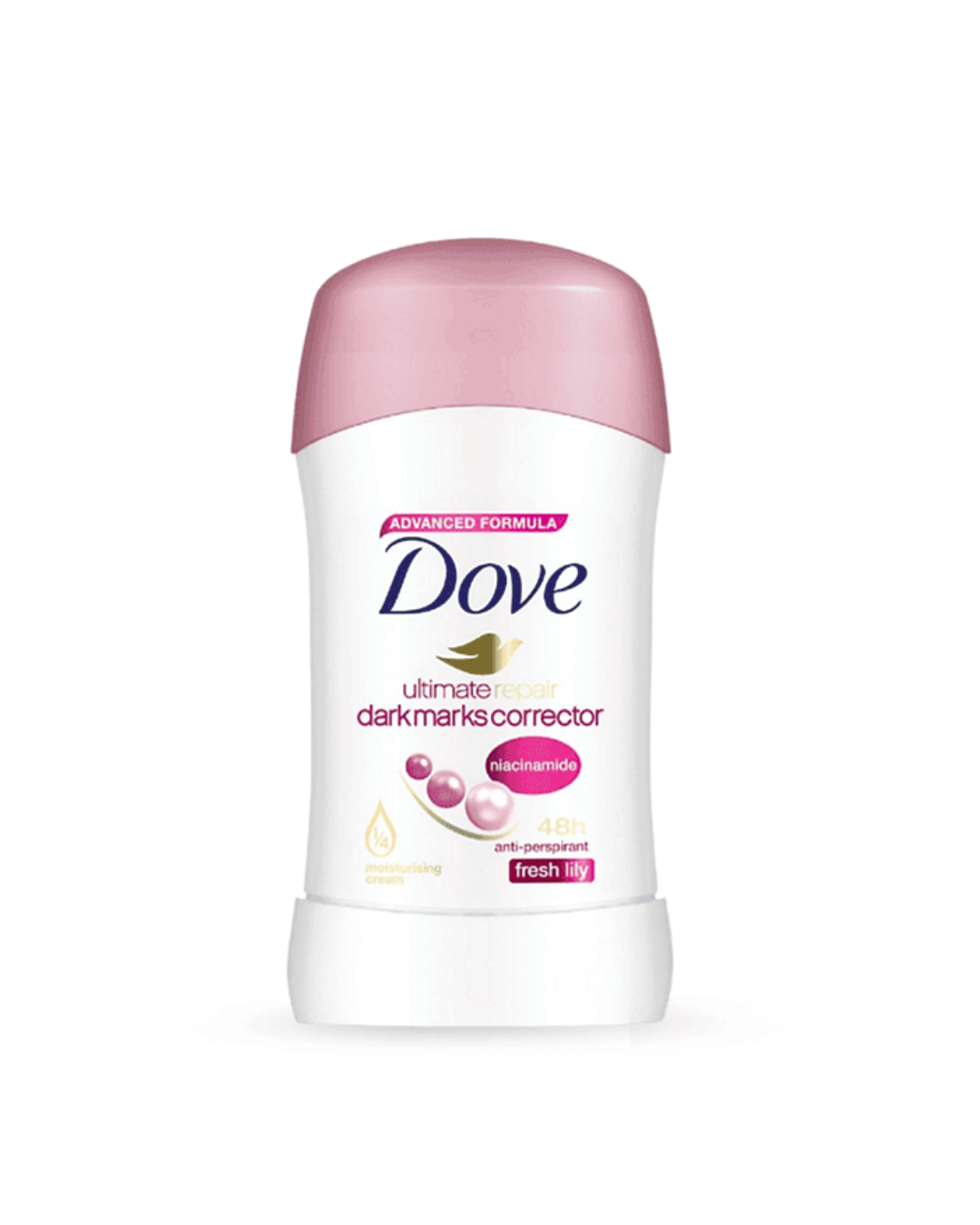 Dove deodorant stick with pink cap on a white background
