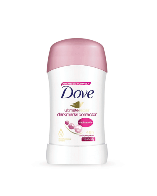 Dove deodorant stick with pink cap on a white background
