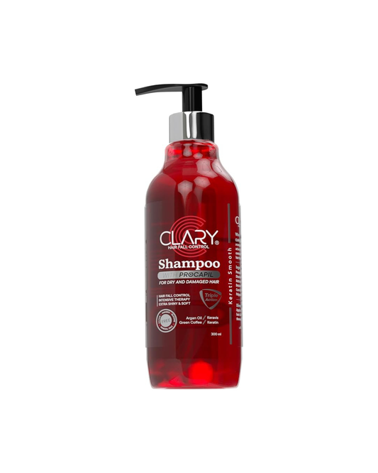 Red Clary shampoo bottle with pump on a white background