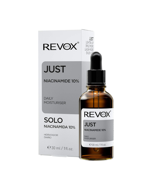 Revox Just Niacinamide 10% skincare bottle and packaging on a white background