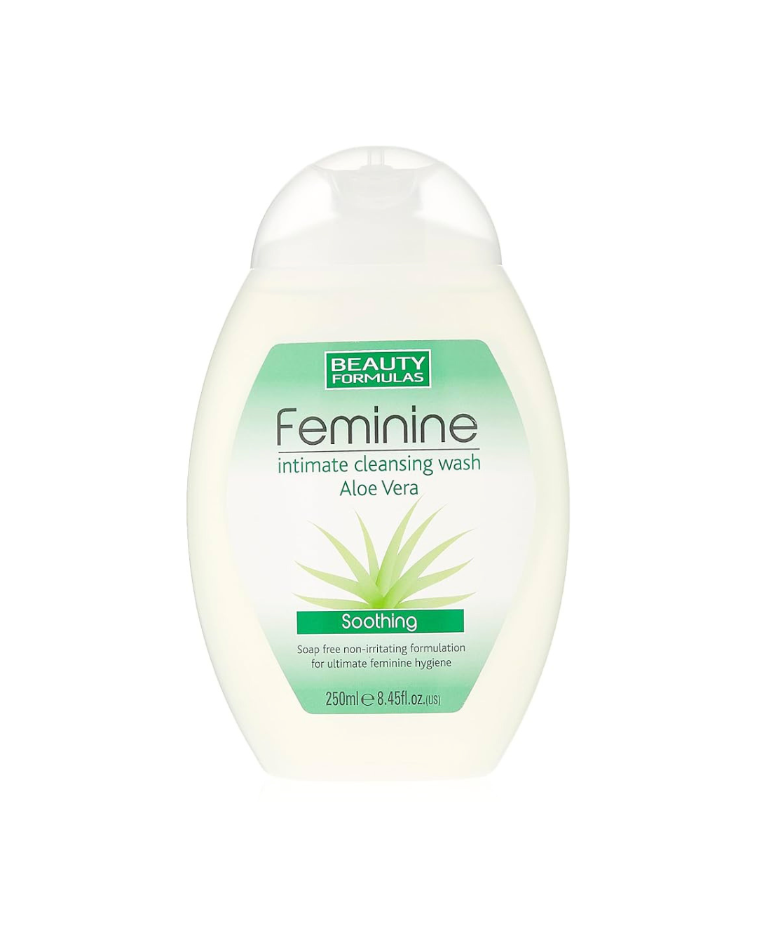 Feminine cleansing wash bottle with aloe vera label on a white background