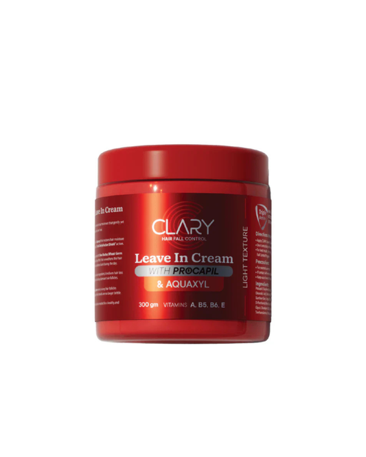 Red jar of Clary leave-in cream on a white background