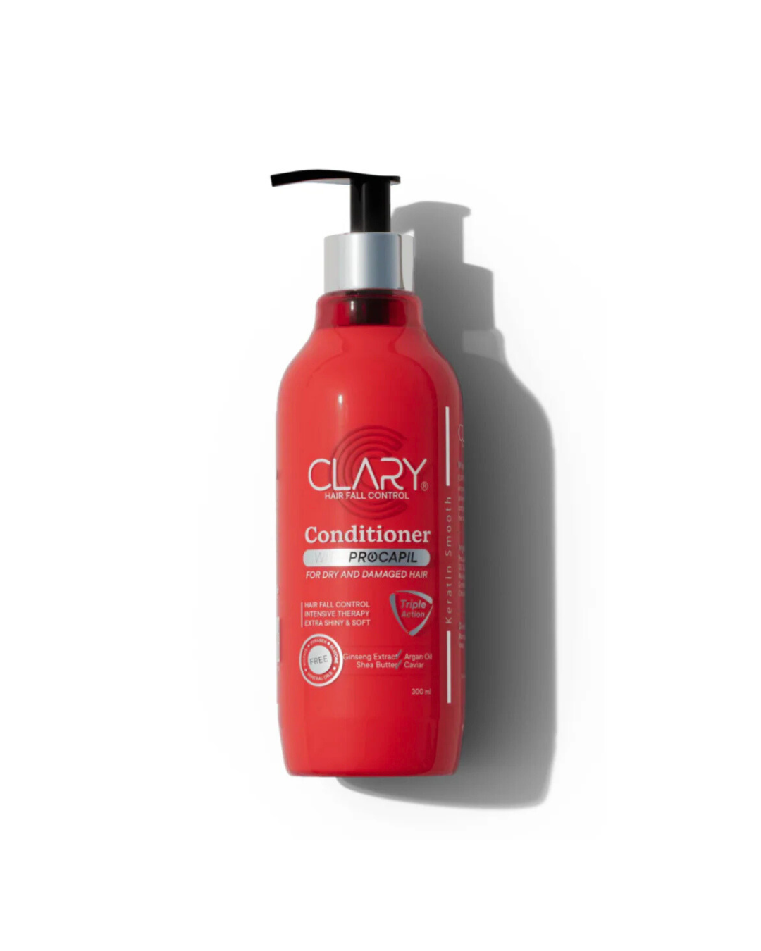 Red Clary conditioner bottle with pump on a white background