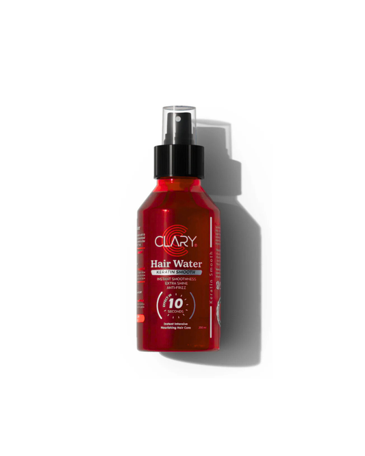 Red bottle of Clary Hair Water on a white background
