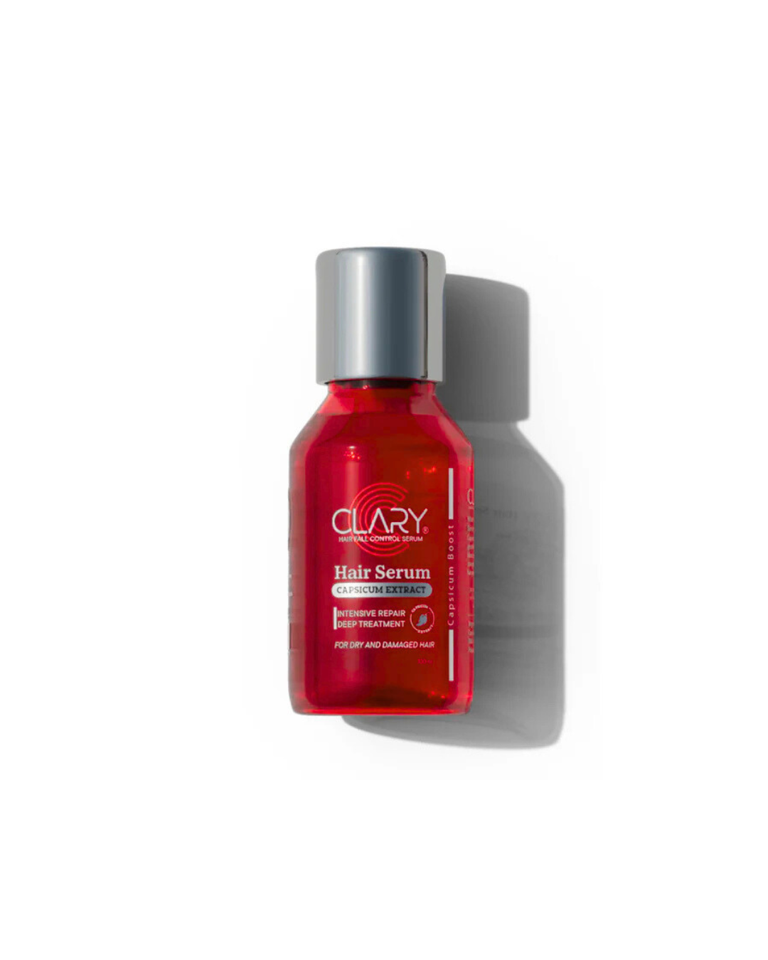 Red hair serum bottle with silver cap on a white background